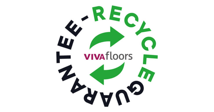 Vivafloors recyclegarantie-logo met groene pijlen en cirkelvormige tekst rond het Vivafloors-merk.
