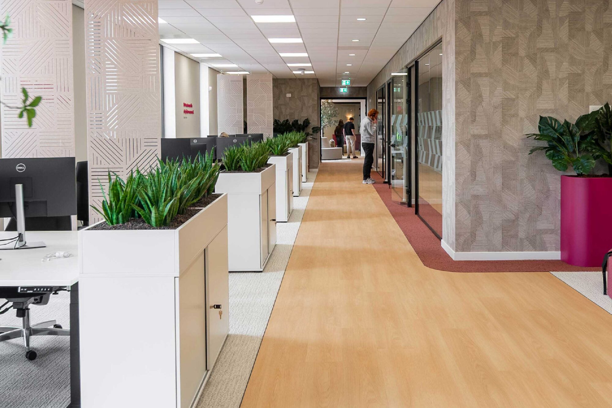 Kantoorgang in het Vivafloors pand met werkplekken, plantenbakken en lichte houten vloer