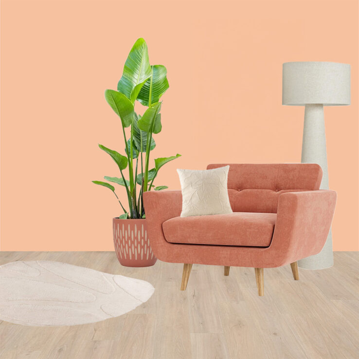 Gezellige zithoek met een perzikkleurige stoel, een grote plant in een pot, een vloerkleed en een lamp, tegen een zachte perzikkleurige muur, met een lichte houten vloer.