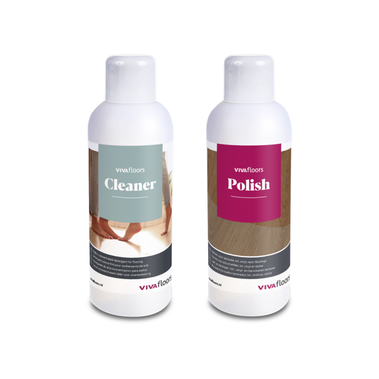 Vivafloors Cleaner en Polish producten voor grondige reiniging en bescherming van PVC-vloeren en trappen.