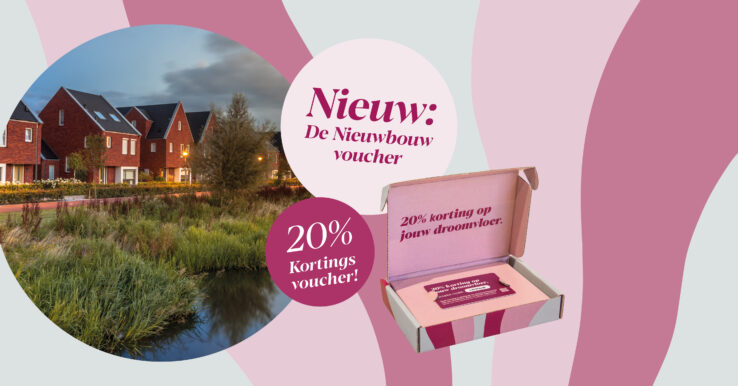 Promotieafbeelding met nieuwbouwwijk en een Vivafloors cadeaubox met 20% kortingen, aangekondigd als de nieuwe nieuwbouwwoucher.